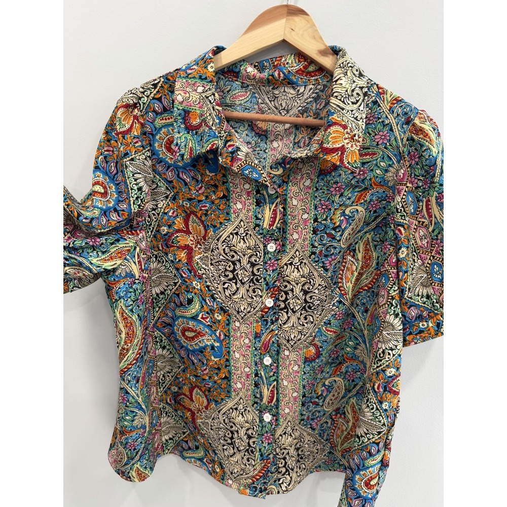 Emery Rose 1XL Women's Paisley Button Front Blouse Colorful Boho Shirt Retro - Picture 4 of 9